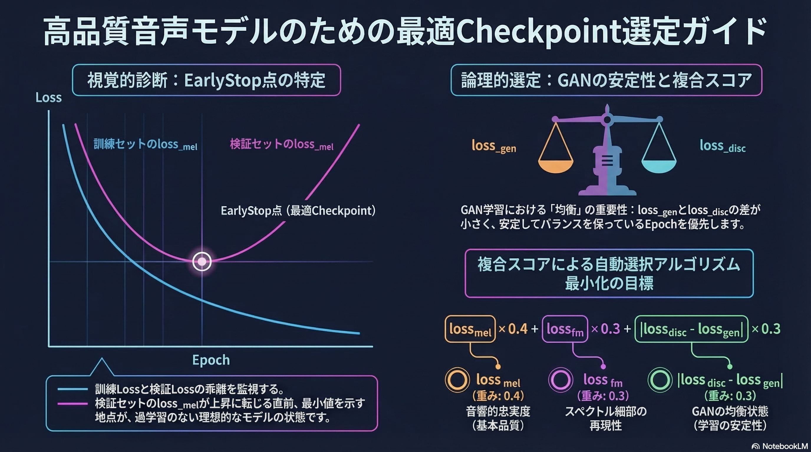 Checkpoint選択の概念図（訓練loss vs 検証lossのEarlyStop点を示すグラフ）.png
