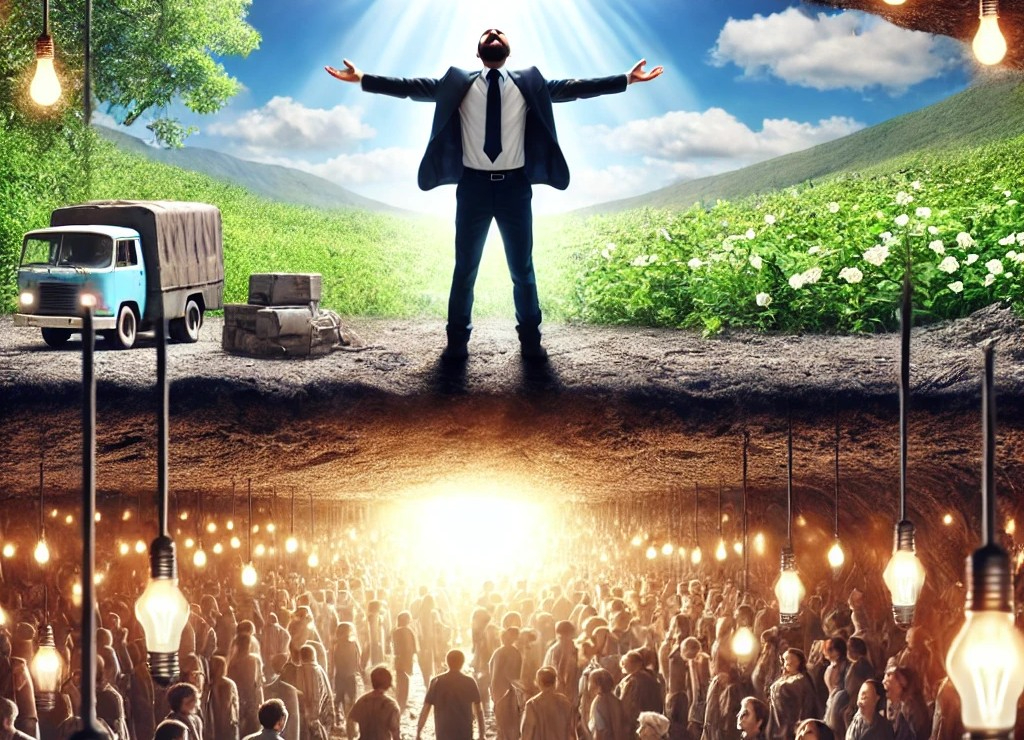 DALL·E 2025-07-01 21.28.26 - A symbolic scene showing a large group of people huddled underground, seeking safety in a dark, enclosed space with artificial lights and a sense of c.jpg