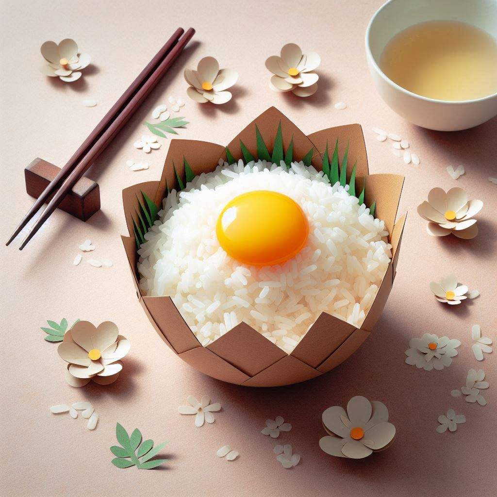 rice with raw egg on top in a paper craft style (2).png