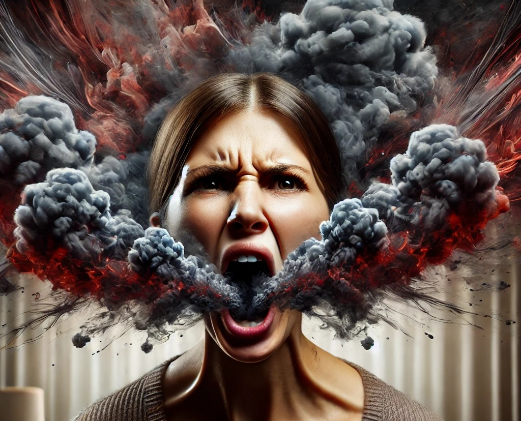 DALL·E 2025-07-30 13.56.16 - A surreal and expressive image of a woman angrily complaining, with negative energy visually emerging from her mouth. Her expression is intense and fr.jpg