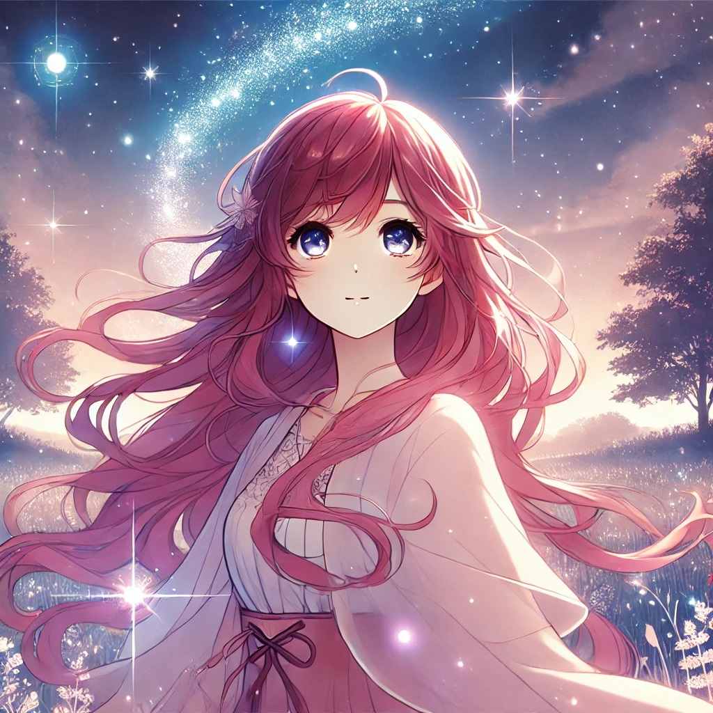 DALL·E 2025-02-23 16.25.31 - An anime-style illustration of a young woman with flowing pink hair standing in a peaceful, glowing meadow at twilight. She looks up at the starry sky.jpg