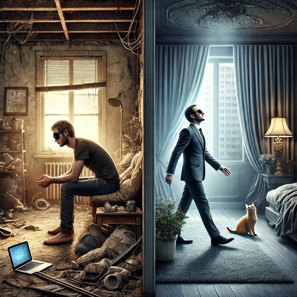 DALL·E 2025-07-15 13.10.29 - A symbolic side-by-side image showing a contrast between two people based on their mindset. On the left, a person who constantly complains about the w.jpg