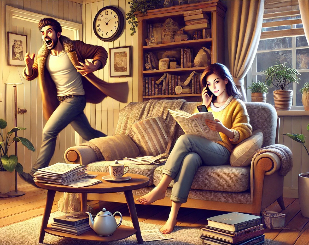 DALL·E 2025-07-30 11.23.32 - A cozy domestic scene in a living room. A husband is rushing around the house in a frantic, chaotic manner—holding papers, checking his phone, grabbin.jpg