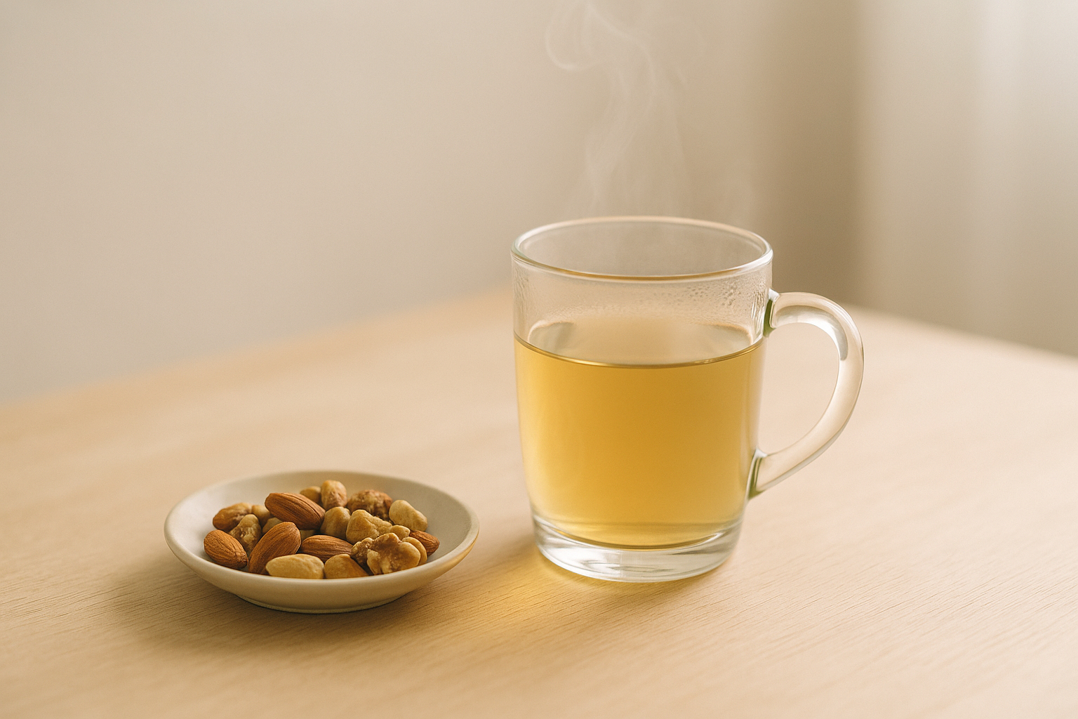 小皿に素焼きナッツ10〜15粒、横に湯気.png