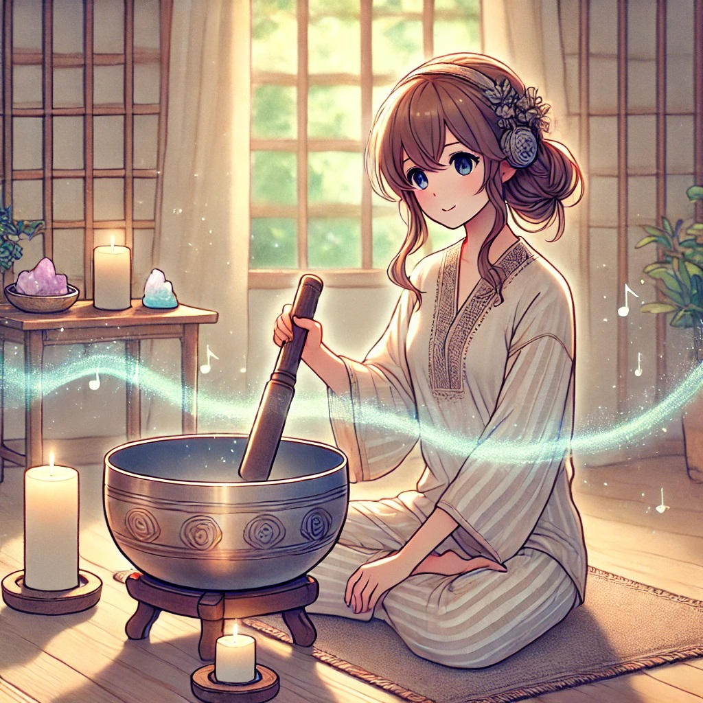 DALL·E 2025-01-21 02.08.11 - An anime-style illustration of a serene young woman using a singing bowl for meditation and cleansing. She is sitting cross-legged in a tranquil room,.jpg