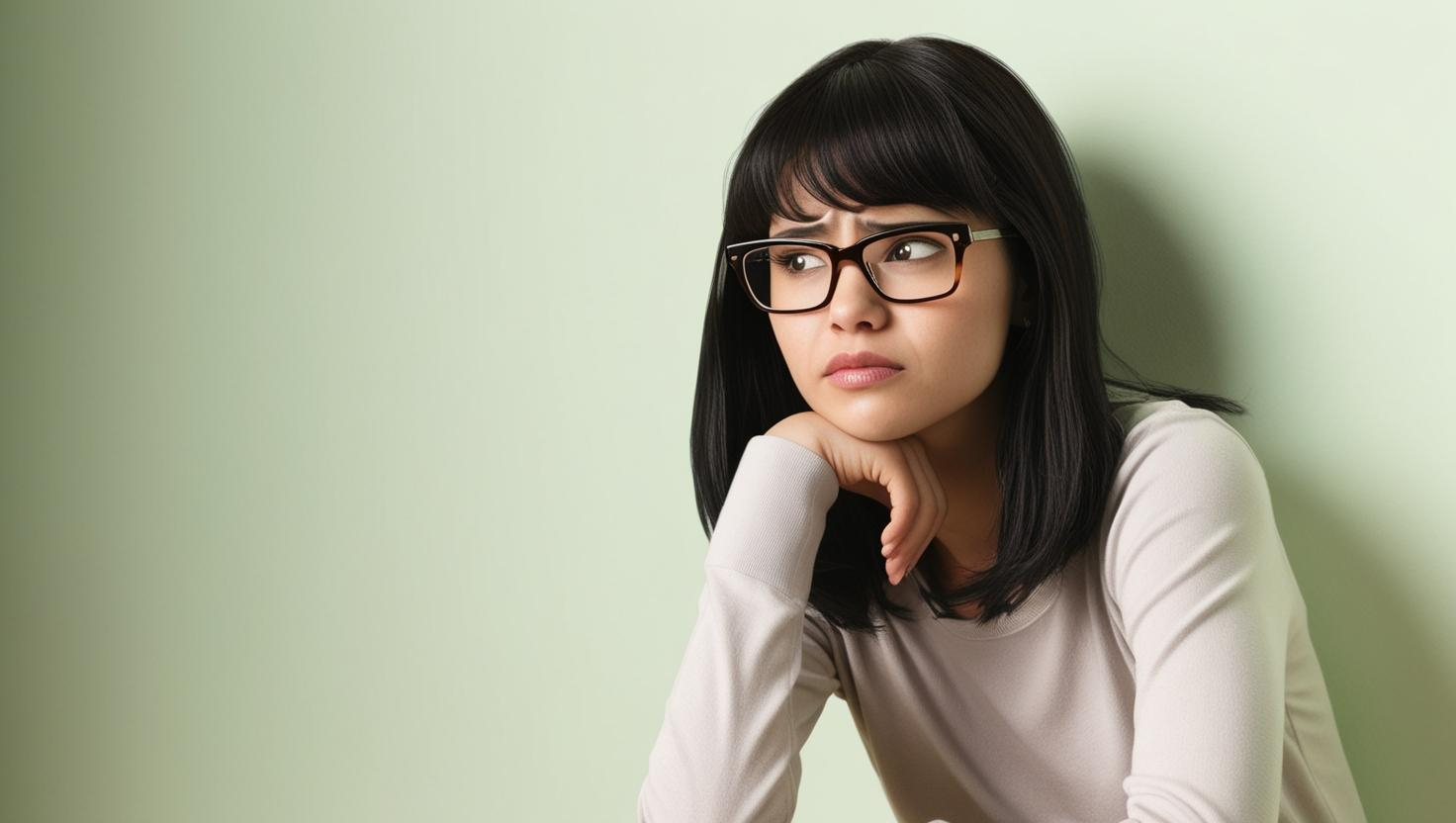 背景薄い緑、つまらなそうにしている眼鏡をかけた女性.jpg