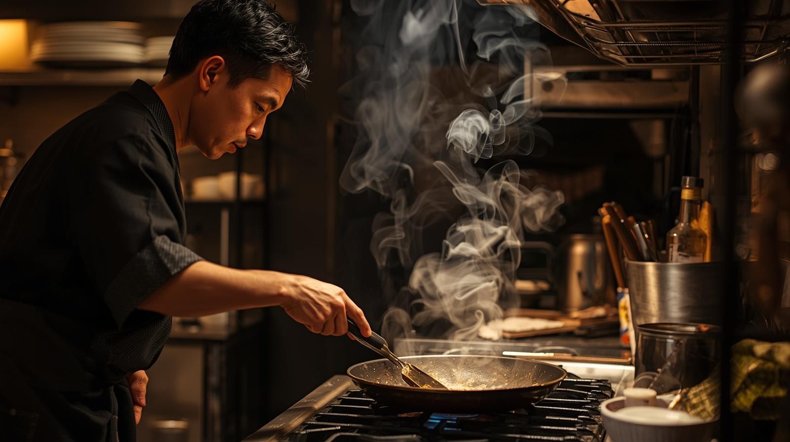 料理をしている日本人男性（フライパンから煙が上がっている）.jpg