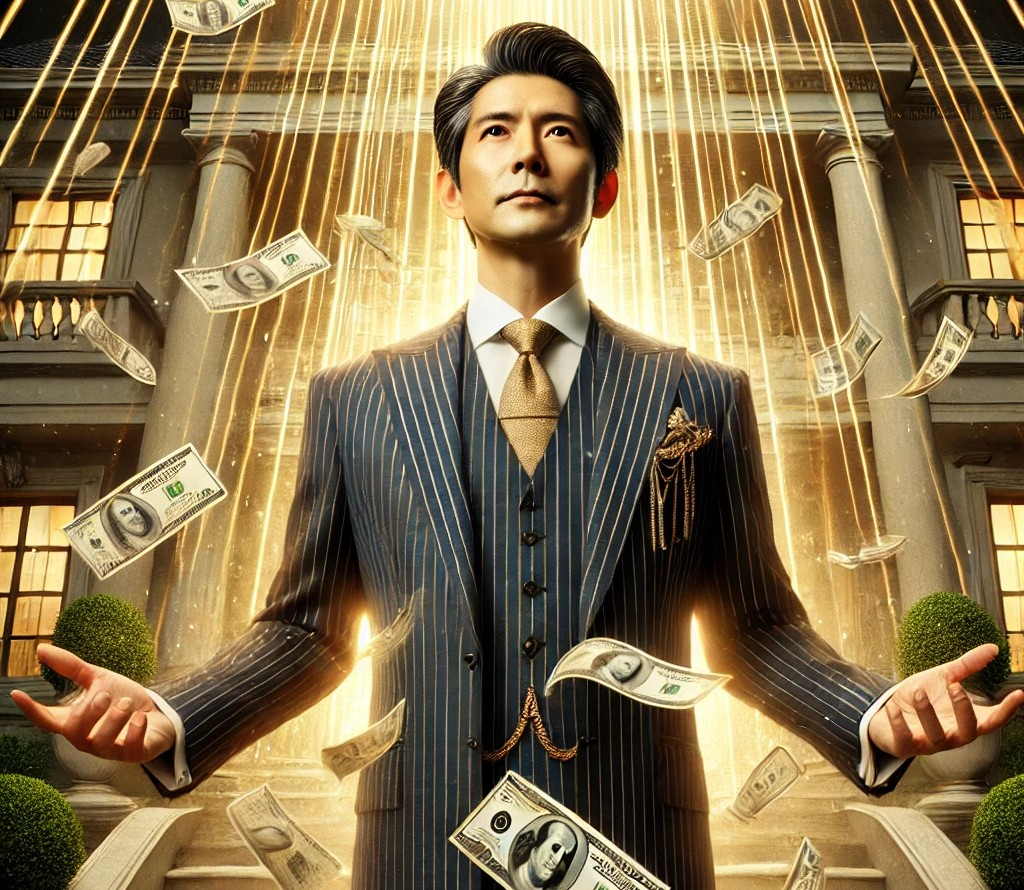 DALL·E 2025-06-04 11.36.10 - A wealthy and elegant Japanese man in his 50s stands confidently in front of a luxurious mansion. He is dressed in a refined, high-quality suit with s.jpg