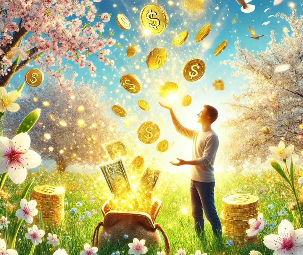 DALL·E 2025-04-25 04.48.18 - A bright and cheerful spring scene symbolizing rising financial fortune. A person stands in a blooming field full of cherry blossoms and fresh green g.jpg