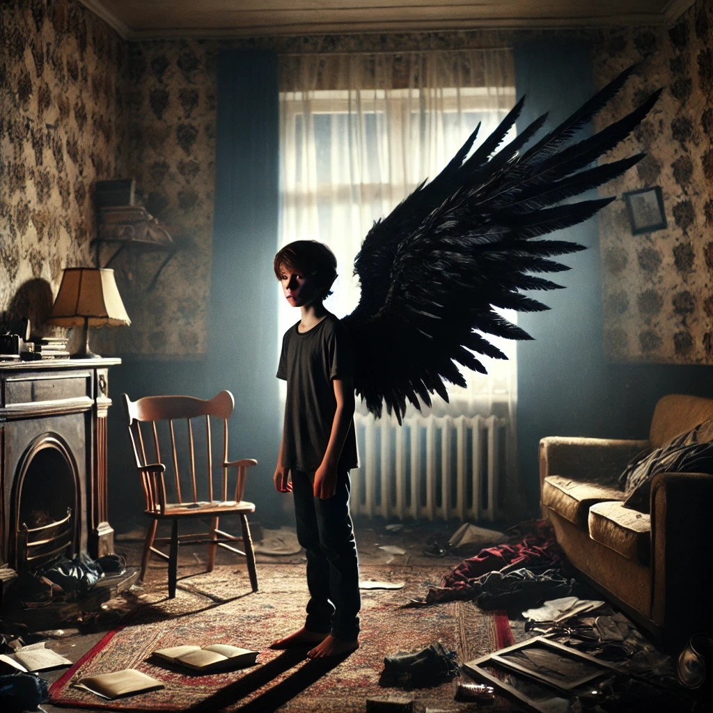 DALL·E 2025-07-15 11.56.55 - A dark and fantastical image of a 10-year-old boy in a troubled home environment. The boy stands alone in a dimly lit living room filled with signs of.jpg