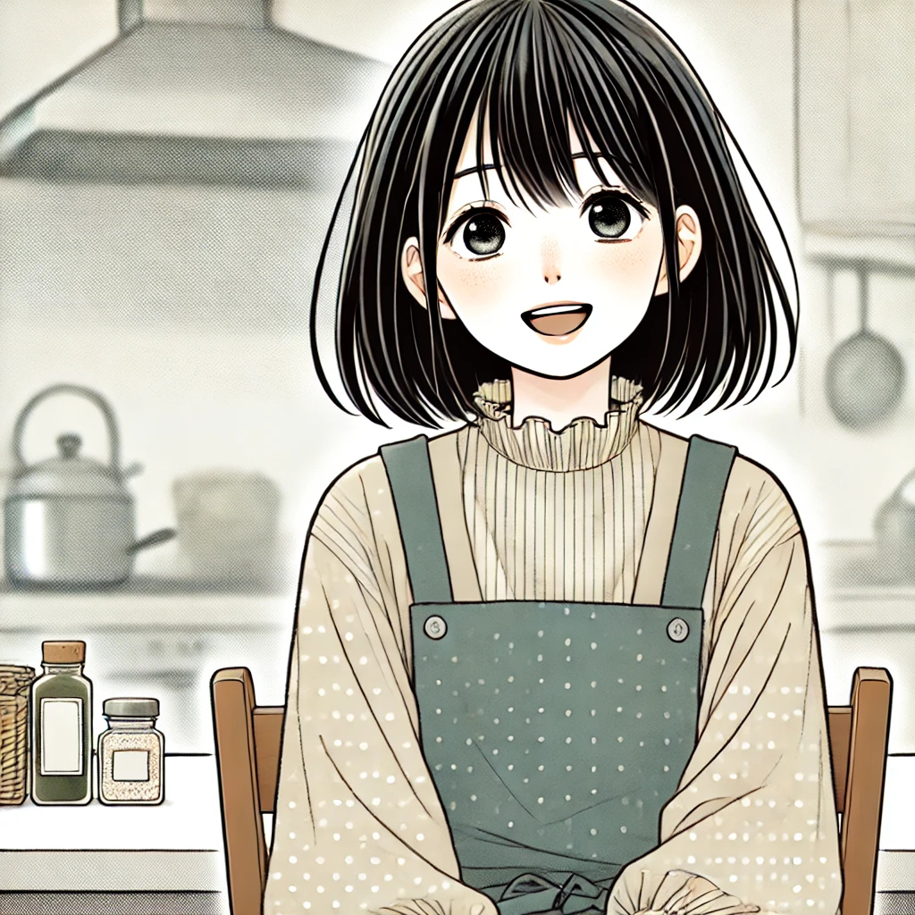 DALL·E 2024-12-23 14.25.33 - A manga-style illustration of a young woman sitting in a kitchen with a joyful and relieved expression, her straight black hair styled simply and wear.jpg