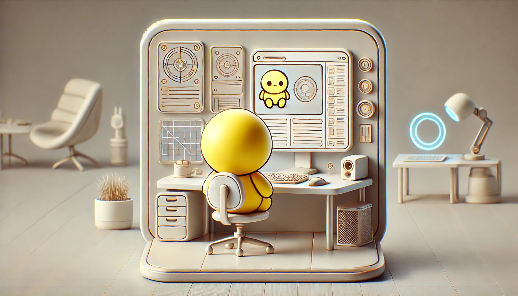 DALL·E 2024-08-20 10.36.20 - A horizontal illustration of a small futuristic office background. In the foreground, a simple yellow character with a round head and small sprouts of.png