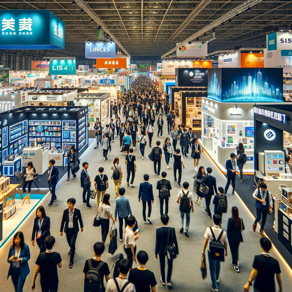 DALL·E 2024-05-14 09.25.29 - A large exhibition hall filled with numerous booths showcasing various products. People are walking around, examining the displays, and engaging with .png