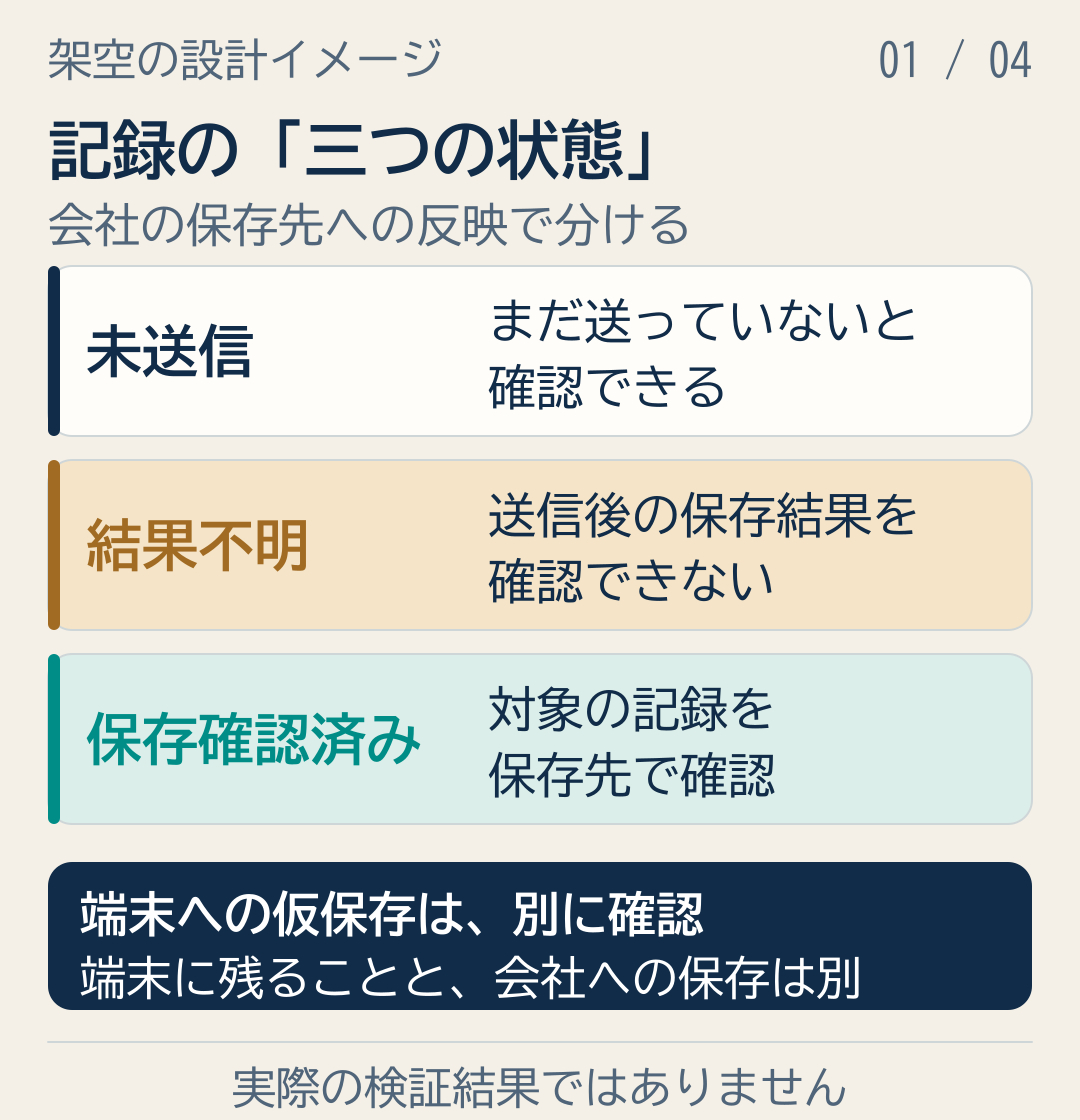 会社の保存先への反映を未送信と結果不明と保存確認済みの三つに分ける架空の説明図.png