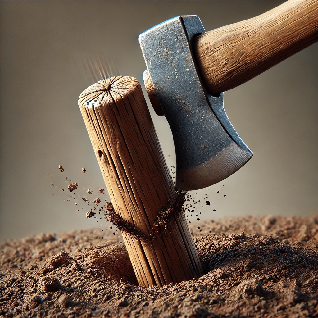 DALL·E 2024-10-14 15.15.15 - A realistic depiction of a wooden peg being driven into the ground using an axe. The scene shows a detailed wooden stake partially buried in the soil,.jpeg