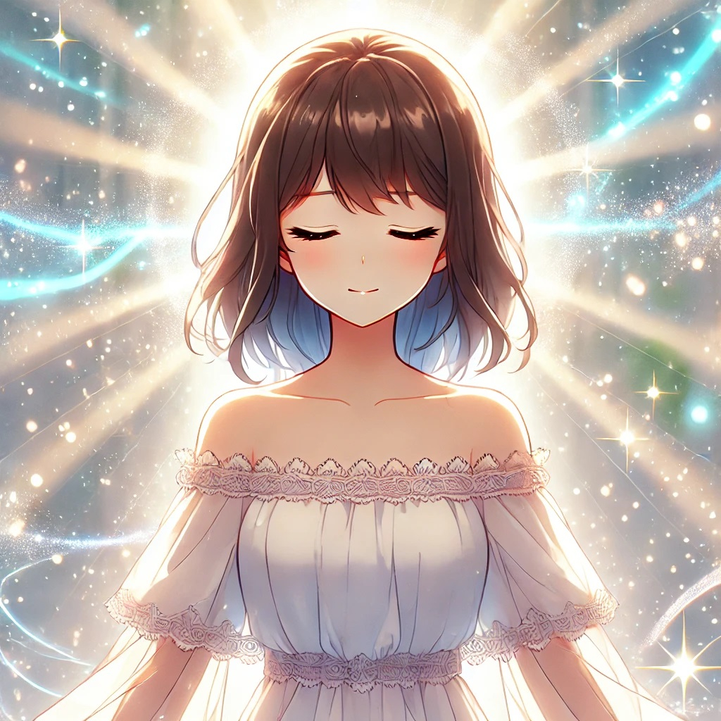 DALL·E 2025-03-09 14.50.39 - An anime-style illustration of a young woman surrounded by a radiant, cleansing energy. She stands peacefully with her eyes closed, as gentle waves of.jpg