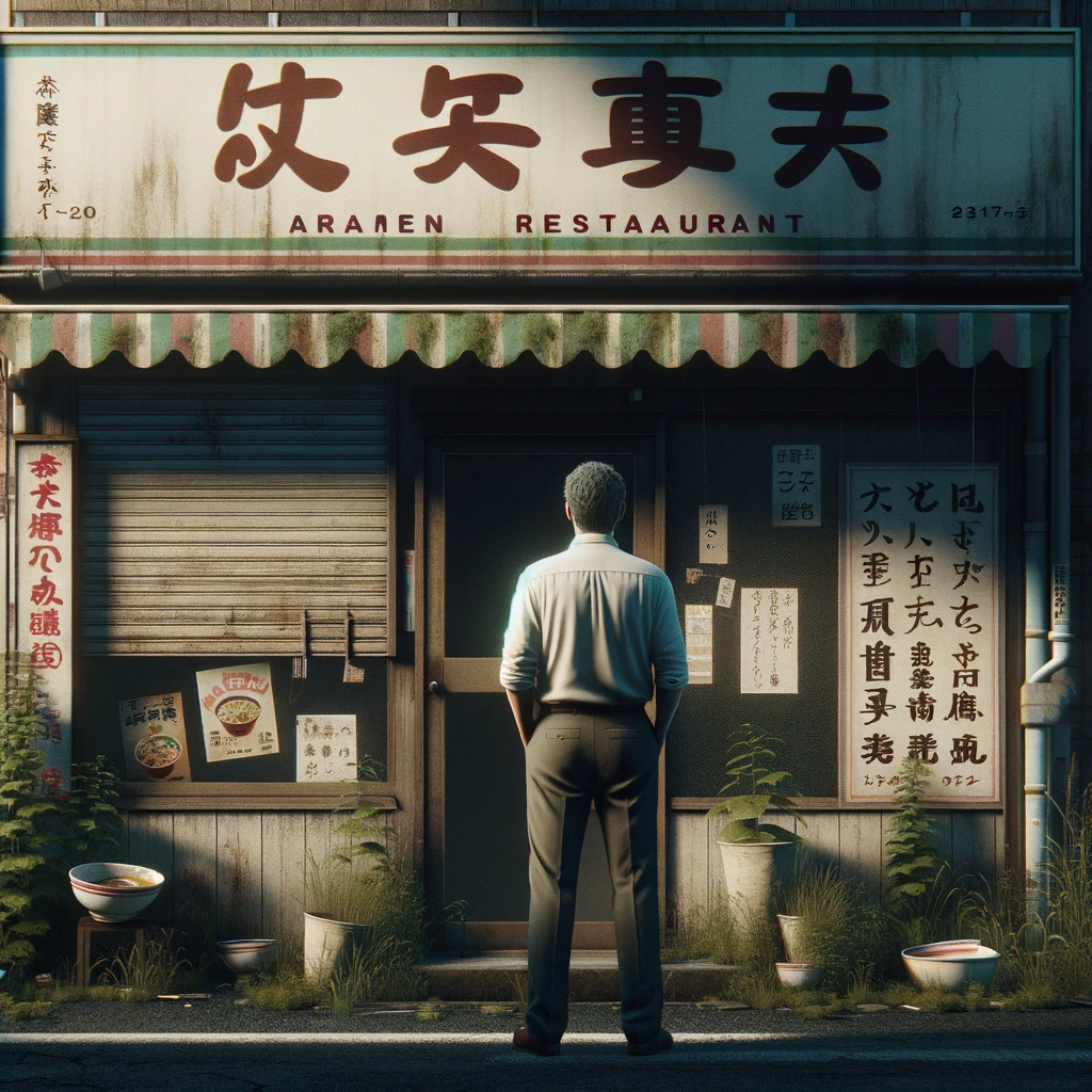 DALL·E 2024-02-02 12.56.32 - An image of an abandoned ramen restaurant with the store owner standing in front, embodying a sense of loss and contemplation. The owner, a middle-age.png