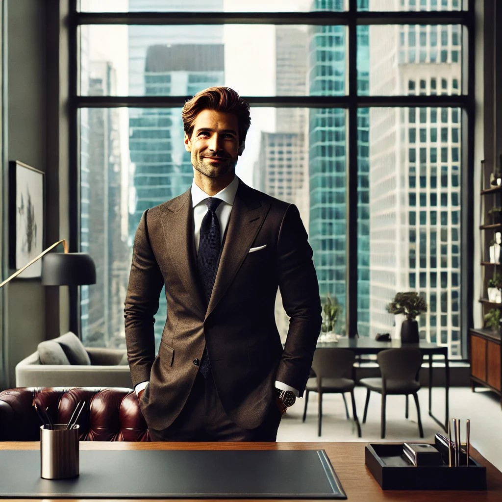 DALL·E 2025-07-22 18.53.10 - A confident and satisfied business owner standing in a luxurious office located in a prime urban district. The person, dressed in an elegant suit, sta.jpg