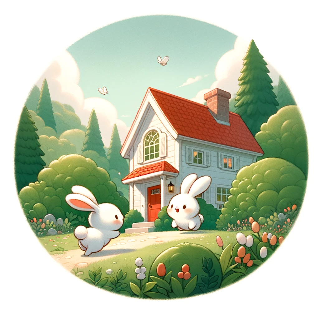 DALL·E 2024-02-18 17.20.50 - Using the composition from the previous request create an image that closely resembles the rabbits in the sixth illustration maintaining the seed The scene features a house with a red.jpeg