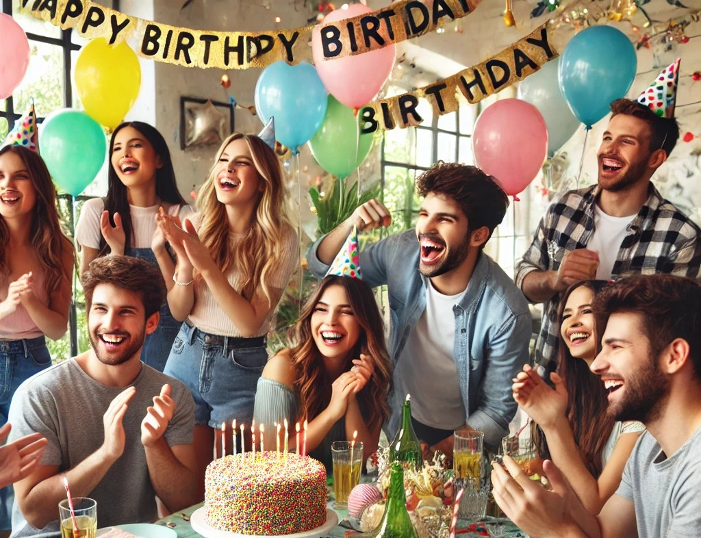 DALL·E 2025-04-28 09.54.42 - A lively and joyful scene of a birthday party with a group of young men and women in their 20s to 30s. They are gathered around a table with a colorfu.jpg