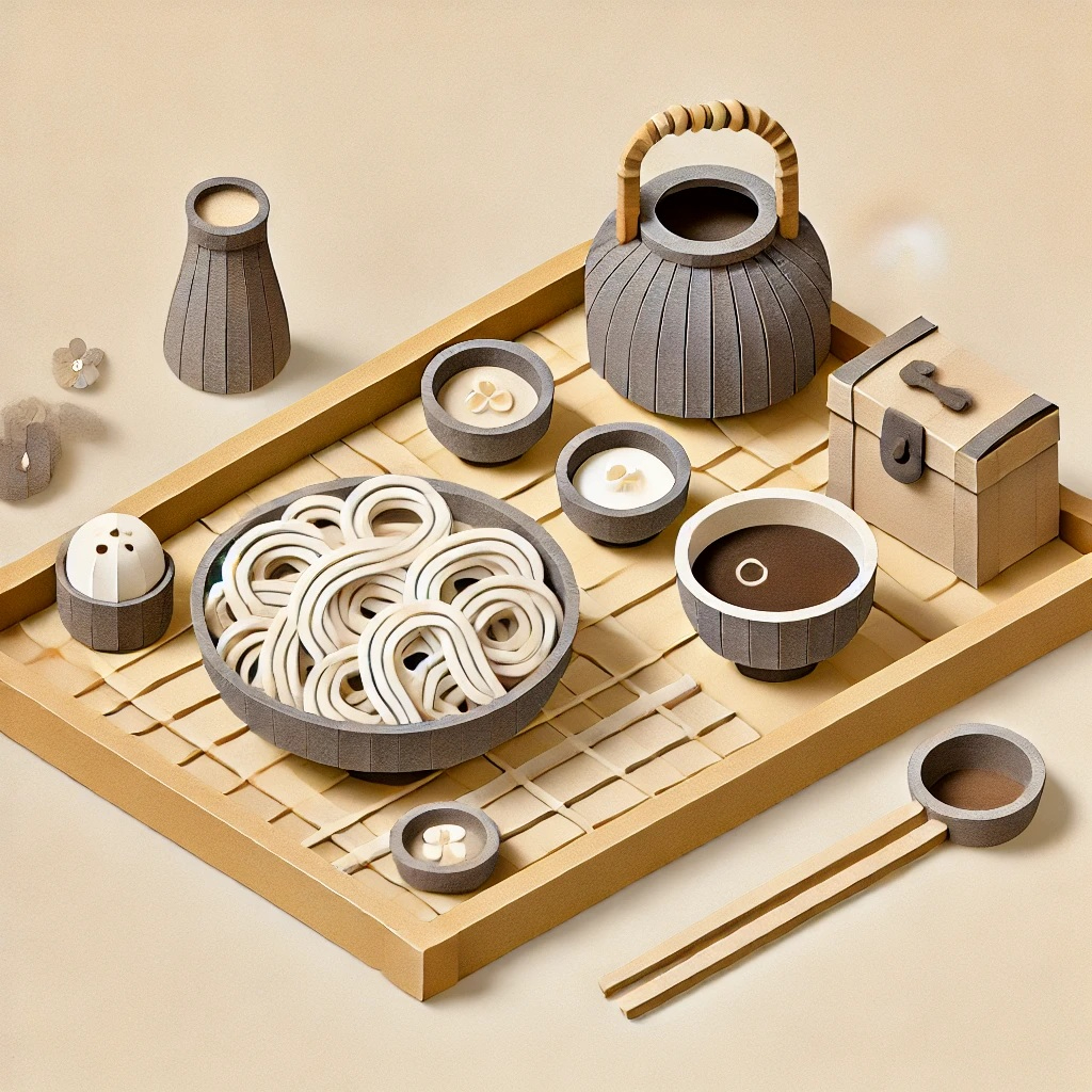 DALL·E 2025-02-11 09.29.49 - A charming papercraft-style illustration featuring a traditional Japanese wanko soba meal. The scene includes multiple small bowls of soba noodles, a .jpg