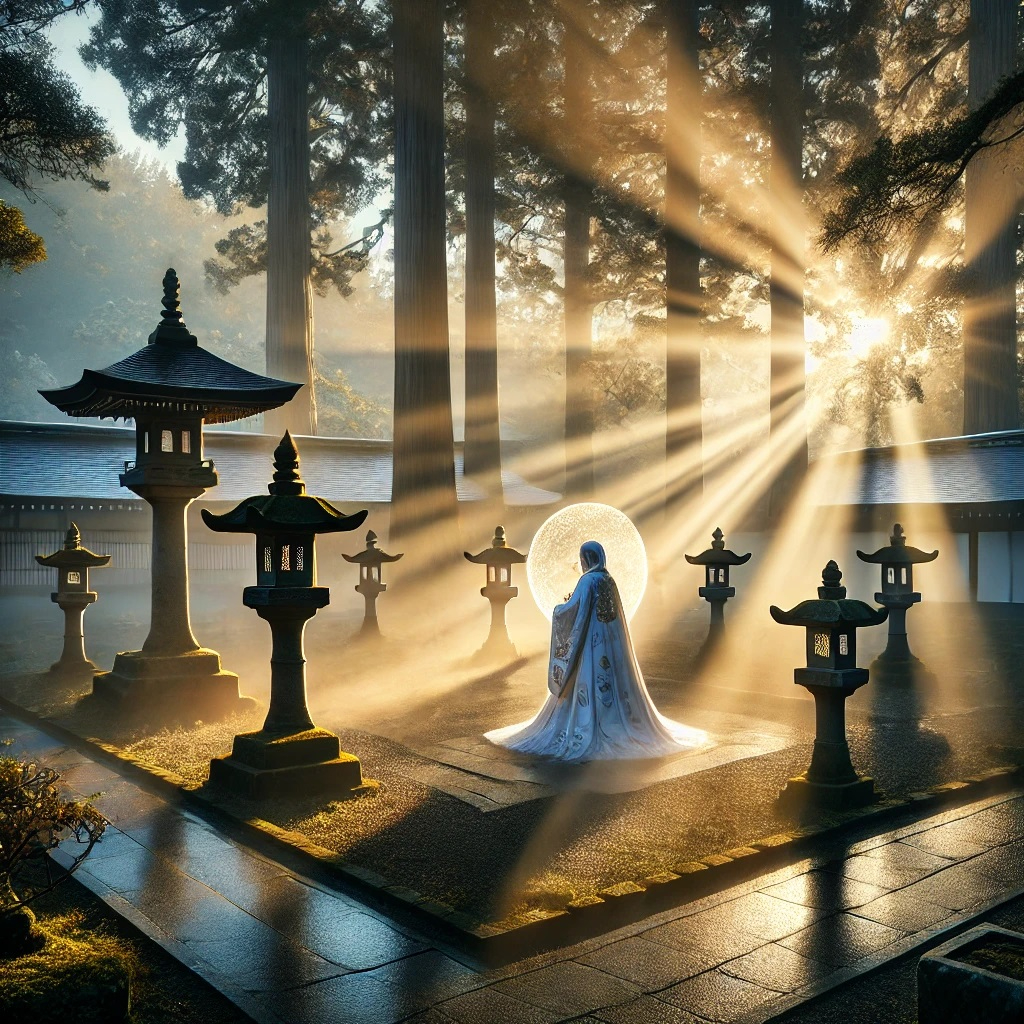 DALL·E 2025-03-27 07.04.34 - A sacred shrine courtyard at dawn, filled with soft morning mist and rays of light filtering through the trees. A lone spiritual practitioner dressed .jpg