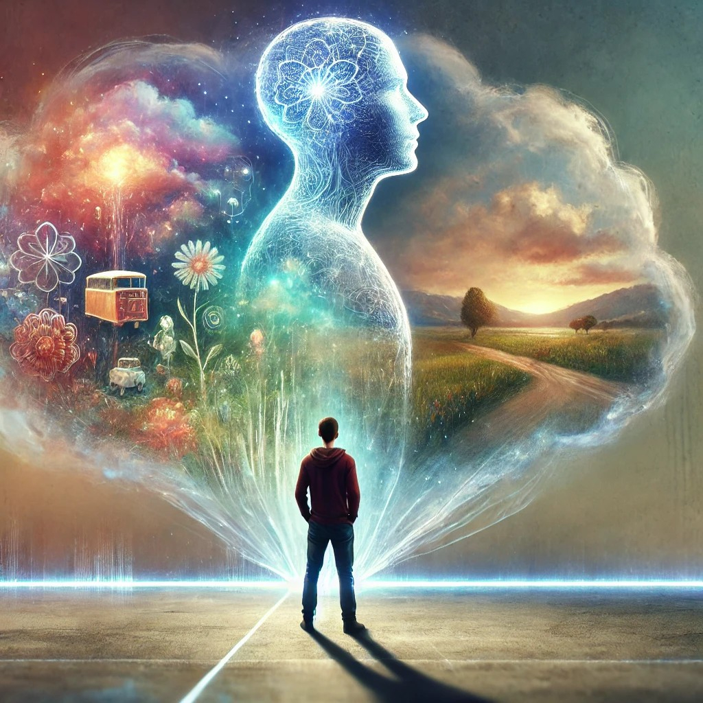DALL·E 2025-07-17 19.50.16 - A symbolic and surreal image of a person standing or sitting with a calm, focused expression, as a vivid image from their imagination is projected in .jpg