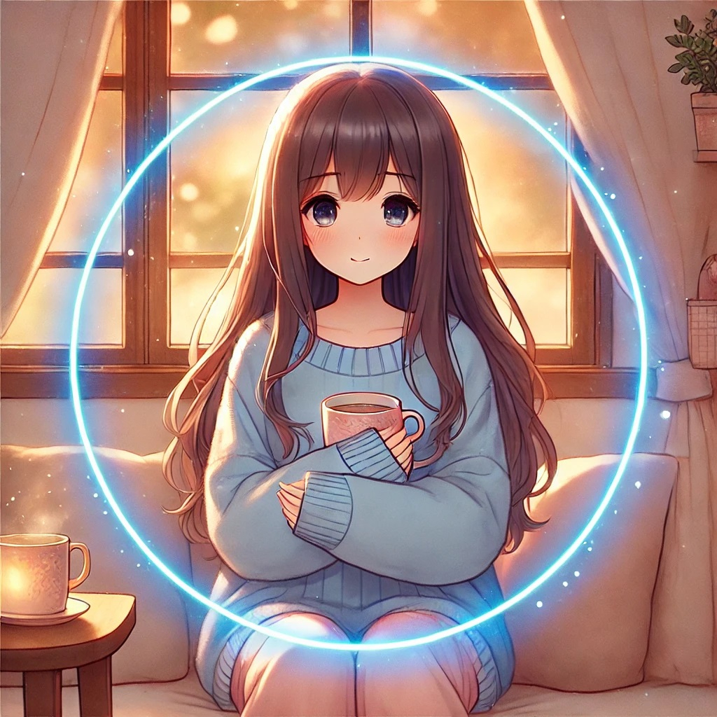 DALL·E 2025-04-07 00.54.28 - A gentle and peaceful anime-style illustration of a cute young woman with long hair wearing a light blue outfit. She is sitting alone in a cozy room w.jpg