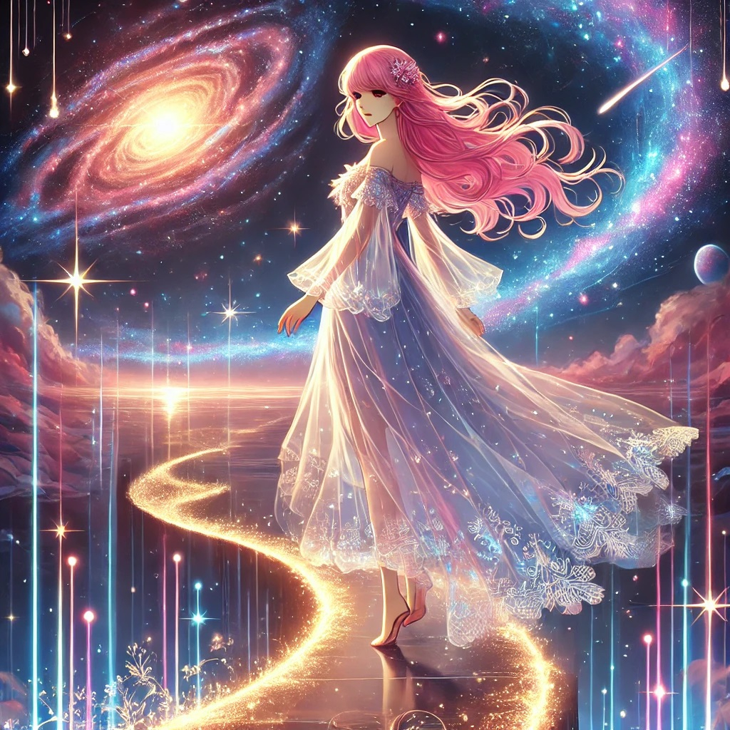 DALL·E 2025-02-10 05.54.32 - A stunning anime-style illustration of a young woman with elegant pink hair standing on the edge of a glowing cosmic pathway. She wears a flowing, cel.jpg
