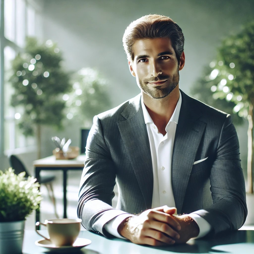 DALL·E 2025-07-19 22.33.18 - A calm and confident businessman with a peaceful expression, symbolizing inner balance and emotional ease. He is sitting at a desk in a bright, modern.jpg