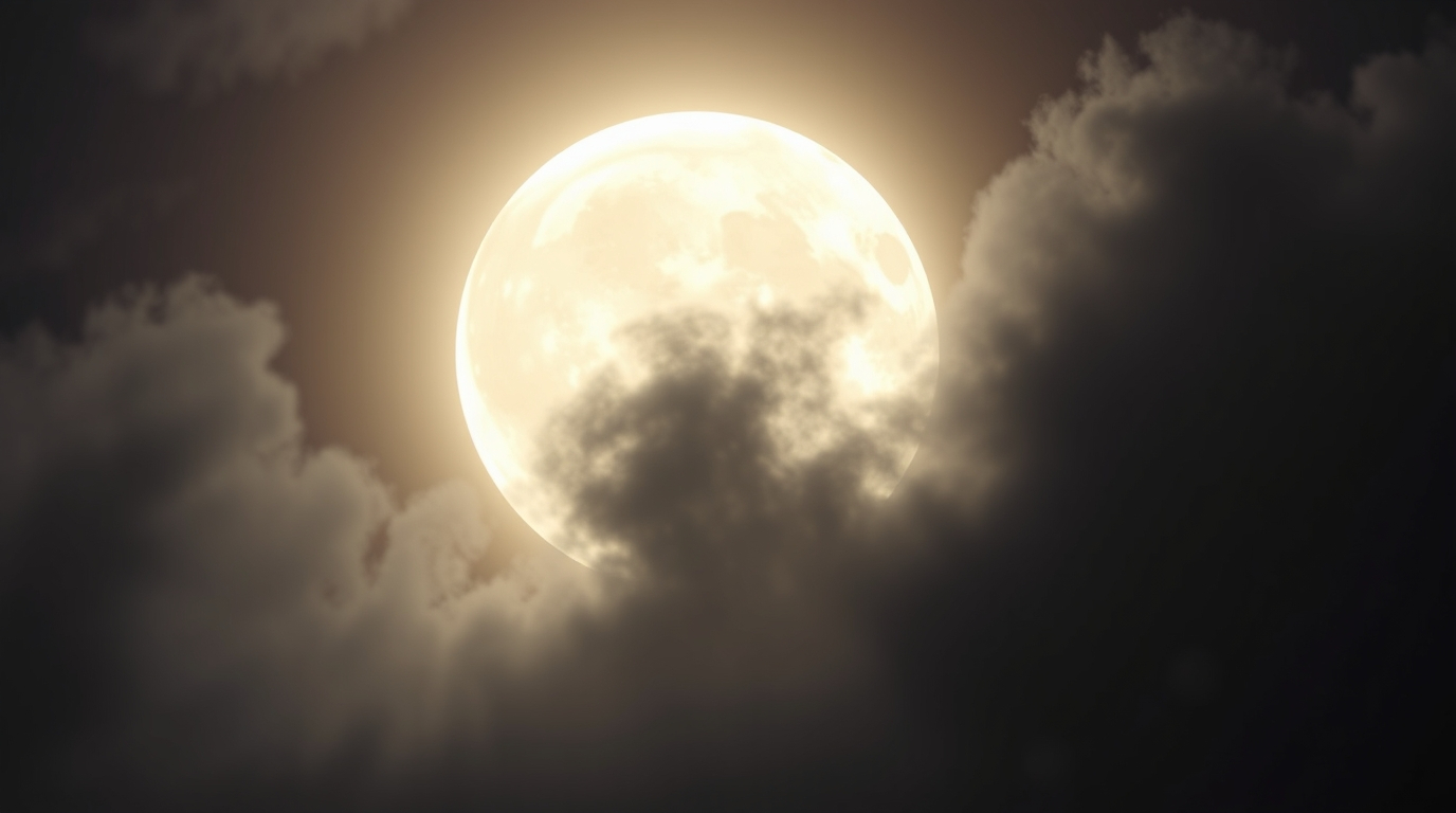 A mysterious full moon in a futuristic sci-fi style with volumetric lighting, visible light beams cutting through dust or fog and showcasing advanced technology and space elements.jpg