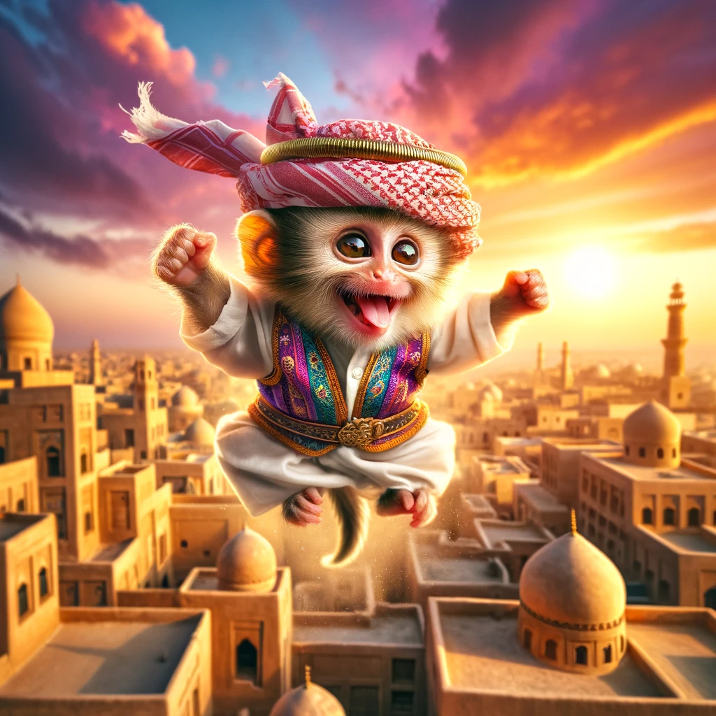 DALL·E 2023-11-22 18.12.28 - A playful small monkey, dressed in a miniature traditional Arabian outfit including a tiny turban and a colorful vest, is joyfully leaping in the air.png