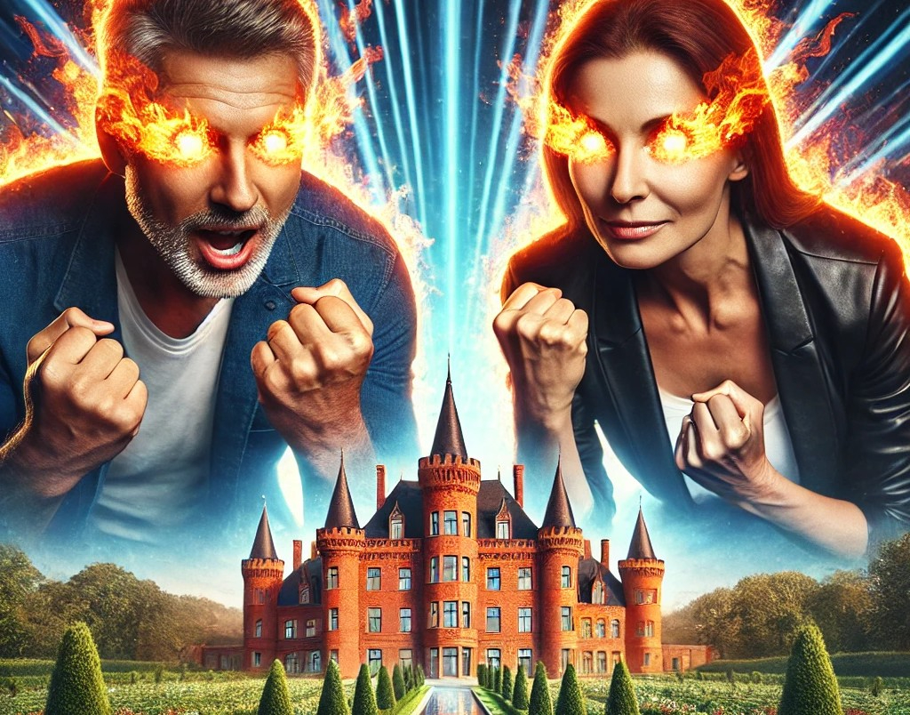 DALL·E 2025-04-26 04.35.48 - A dynamic and intense scene of a motivated couple determined to become wealthy and live in a castle. The 40-something husband and wife stand together .jpg