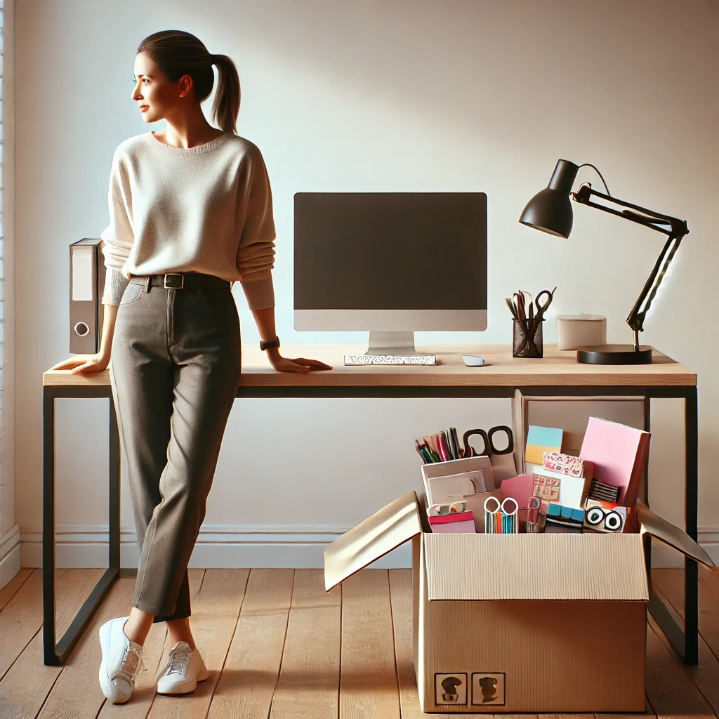 DALL·E 2025-10-24 13.37.36 - A meaningful office desk scene symbolizing a new beginning. A woman in her 30s stands beside her modern, minimalist desk, looking at it with a satisfi.jpg