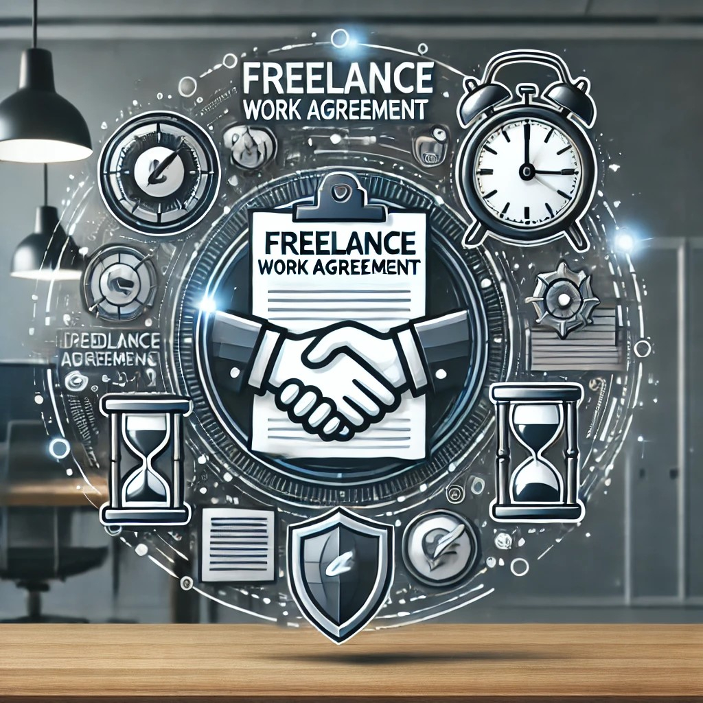 DALL·E 2024-10-21 18.21.18 - A dynamic illustration of a 'Freelance Work Agreement' document with icons around it depicting a handshake, a clock, and a shield, symbolizing agreeme.jpeg