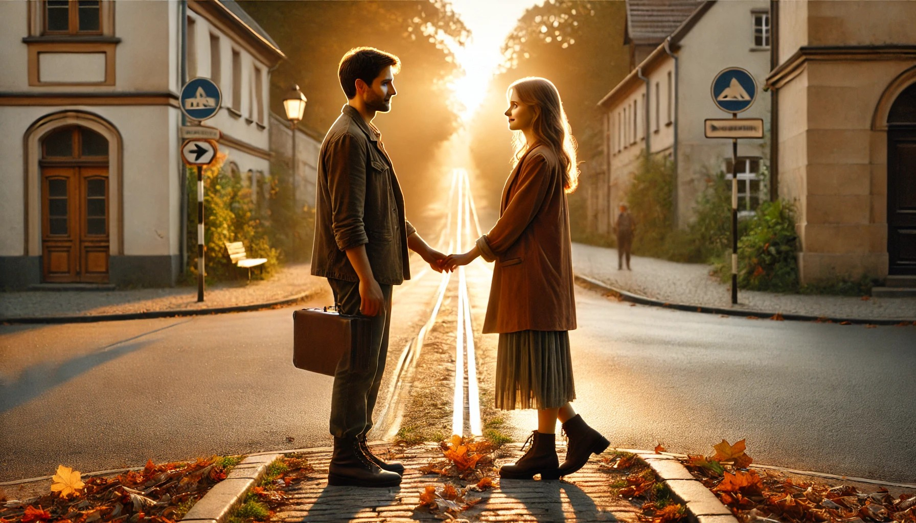 DALL·E 2025-04-19 07.55.25 - A touching farewell scene on a quiet European street at sunset. A man and woman stand together at a crossroads, gently holding hands and smiling softl.jpg