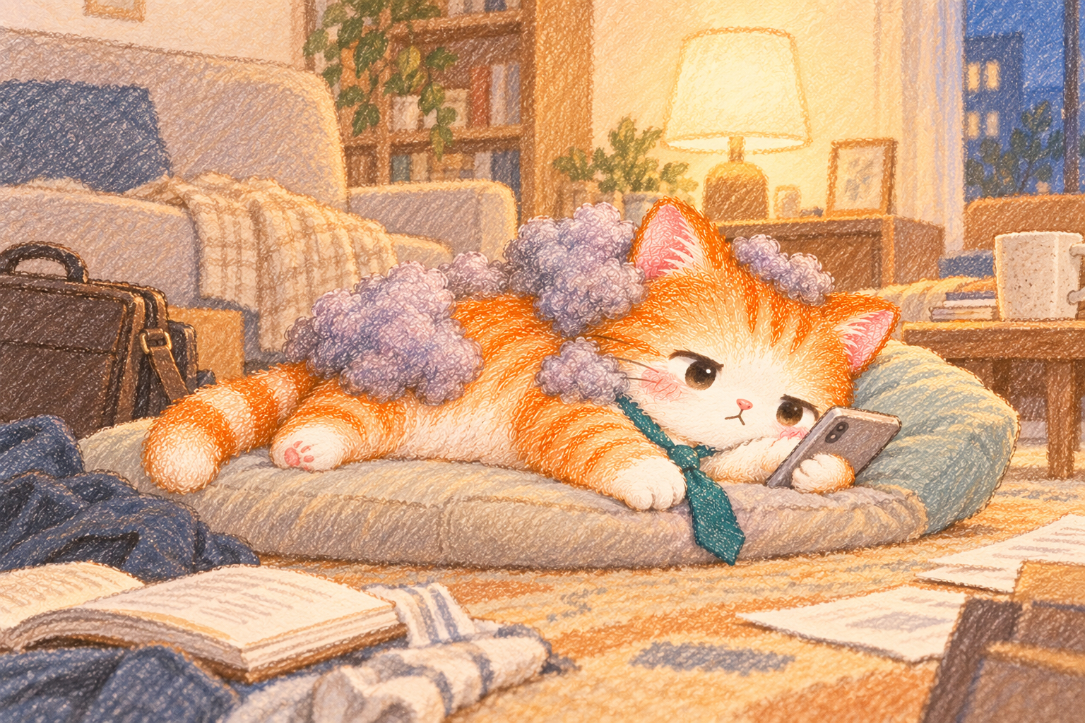 帰宅後、スマホを見つめる子ねこ.png