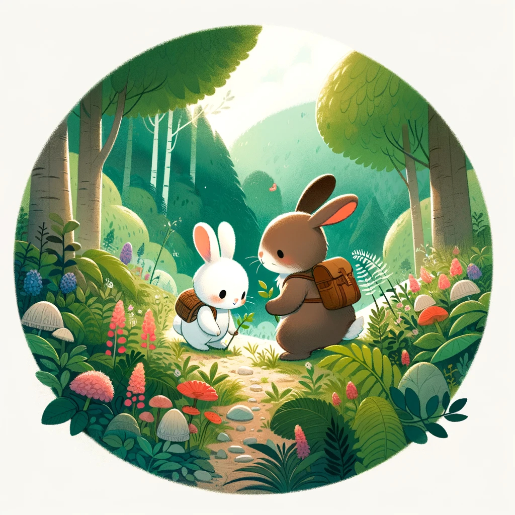 DALL·E 2024-02-18 18.12.50 - Create an illustration of Mofi a white rabbit and its father a brown rabbit exploring the forest together maintaining the seed from the sixth illustration The scene should vividly cap.jpeg