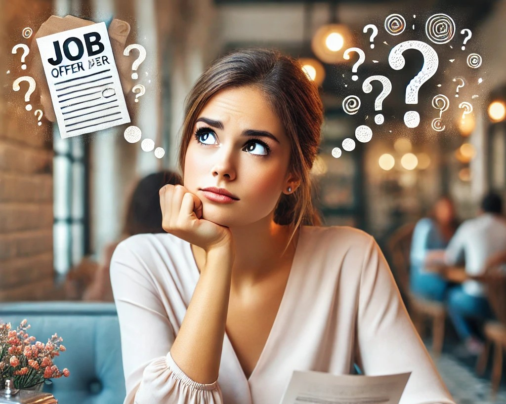 DALL·E 2025-04-18 09.31.09 - A thoughtful and slightly stressed young woman in her 20s, stylishly dressed, sitting at a café table with two different items in front of her — a job.jpg