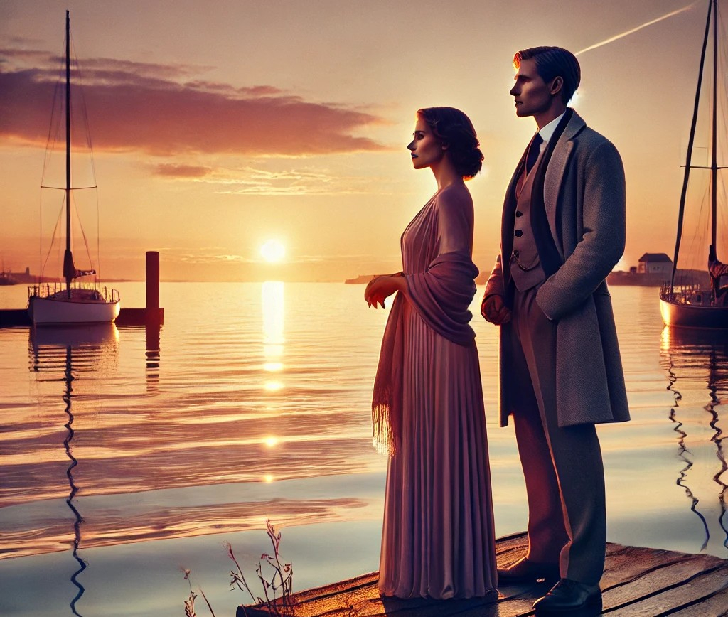 DALL·E 2025-04-30 08.46.39 - A peaceful and elegant scene at a harbor during sunset. A refined couple in their 40s stands side by side at the edge of a dock, gazing out at the gol.jpg