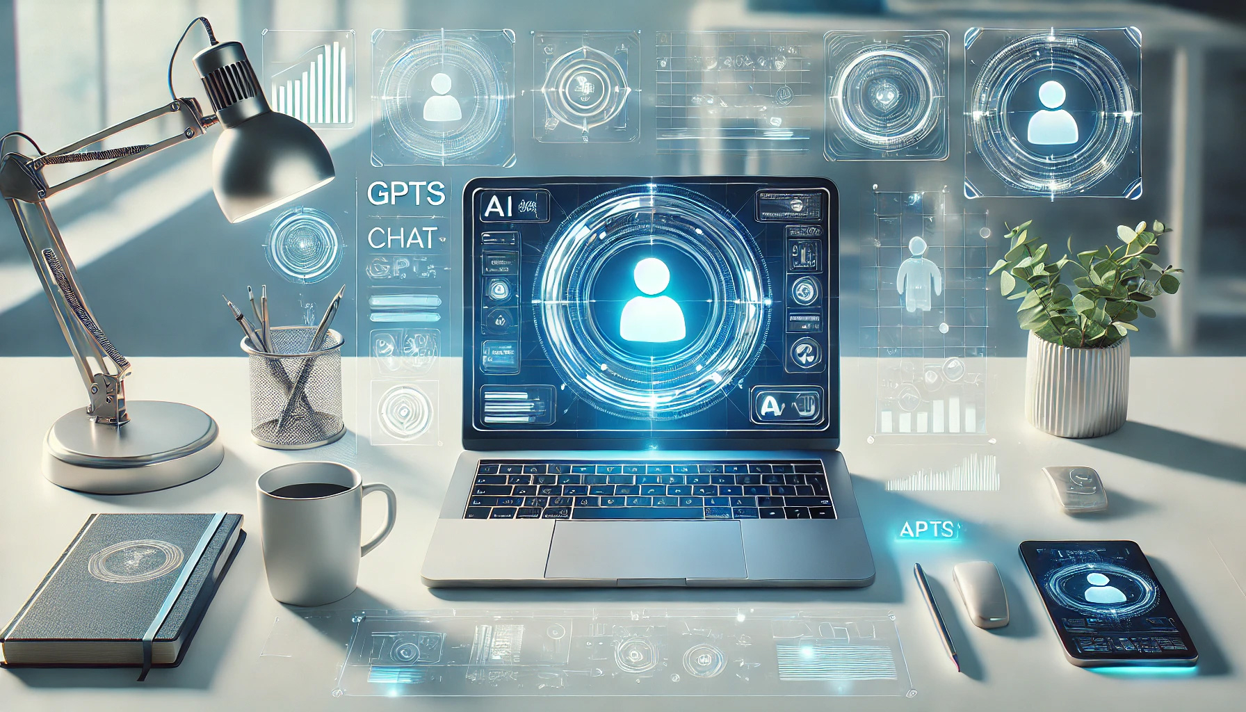 DALL·E 01 'GPTsの基本情報：ChatGPTをもっと使いやすく'. The image features a sleek desktop setup wi.jpg