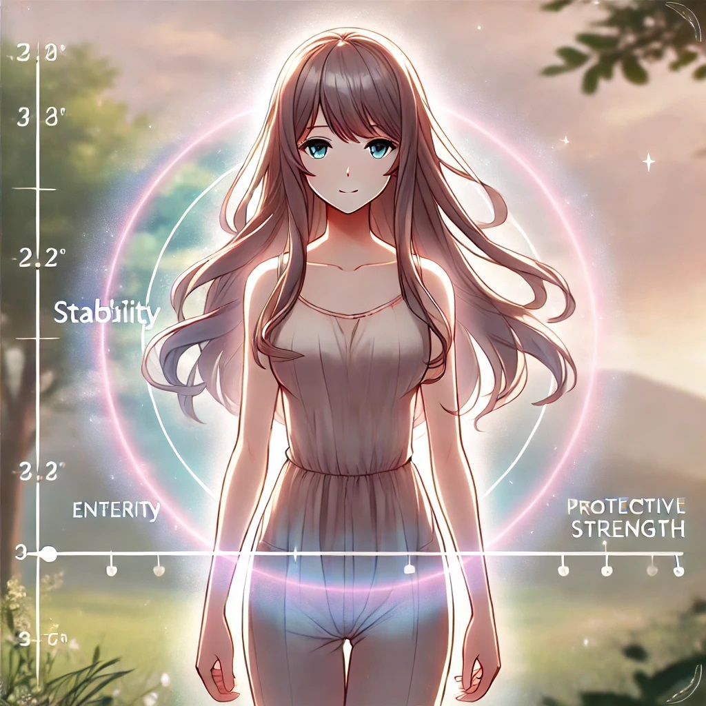 DALL·E 2025-03-05 00.34.28 - An anime-style illustration of a young woman standing calmly in a serene environment, radiating stability and inner strength. She is surrounded by a g.jpg