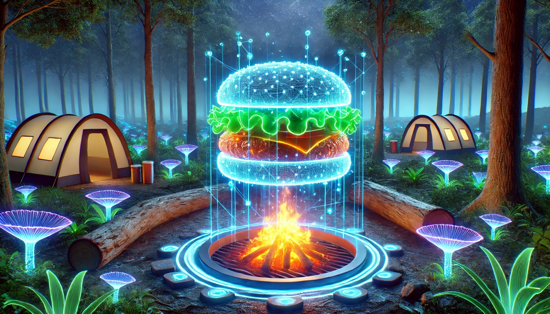 DALL·E 2024-07-02 23.45.47 - A high-quality image of a holographic burger with glowing ingredients, floating above a high-tech campfire, surrounded by a futuristic campsite in a f.jpeg