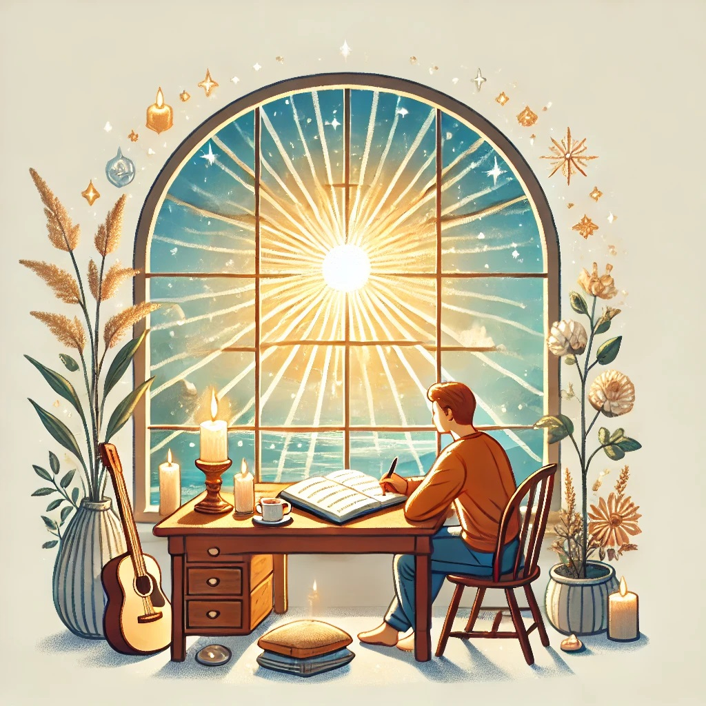 DALL·E 2025-01-28 12.42.13 - An illustration of a serene scene featuring a person sitting at a cozy desk by a window, writing in a gratitude journal. Outside the window, a radiant.jpg