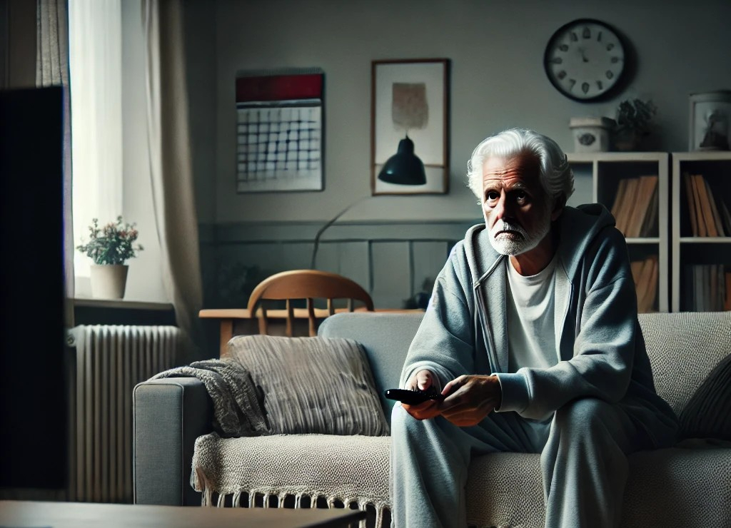 DALL·E 2025-07-08 22.21.15 - A lonely retired man in his 60s sitting on a sofa in a modest living room, staring blankly at a television. He is dressed in casual home clothes — lik.jpg