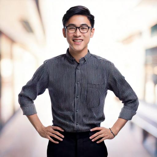 Firefly 眼鏡　若い男性　女顔　笑顔　腰に手を置いてる　自信にあふれている 23203.jpg