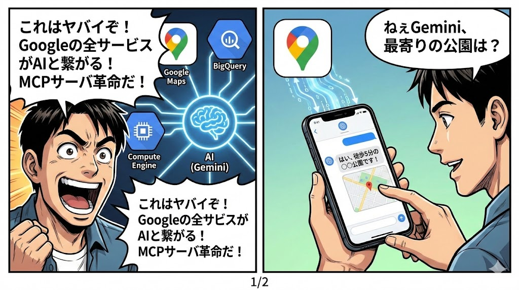 マンガ_これはヤバイぞ！　Googleの全サービスがMCPサーバに繋がったらAIグラスとの相性もバッチリではないか！01.jpg