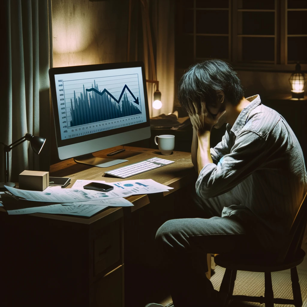DALL·E 2024-02-02 12.21.17 - An image of a Japanese man in casual attire, sitting in front of a computer with a look of despair on his face. He is in a dimly lit room, with his el.png