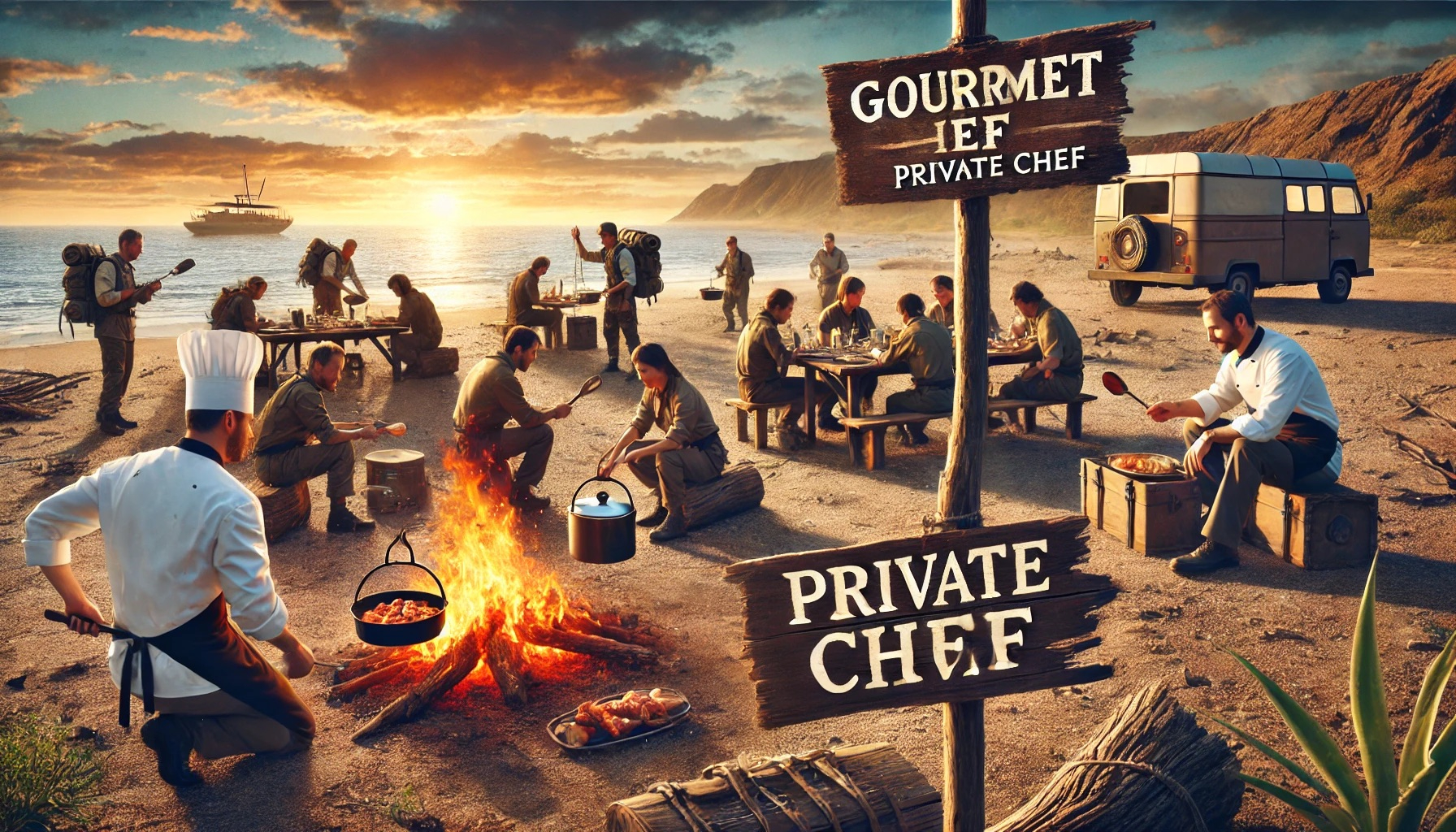 DALL·E 2024-07-02 23.09.00 - A high-quality image of a group of people participating in a gourmet survival challenge on a deserted island, cooking over open fires and using makesh.jpeg