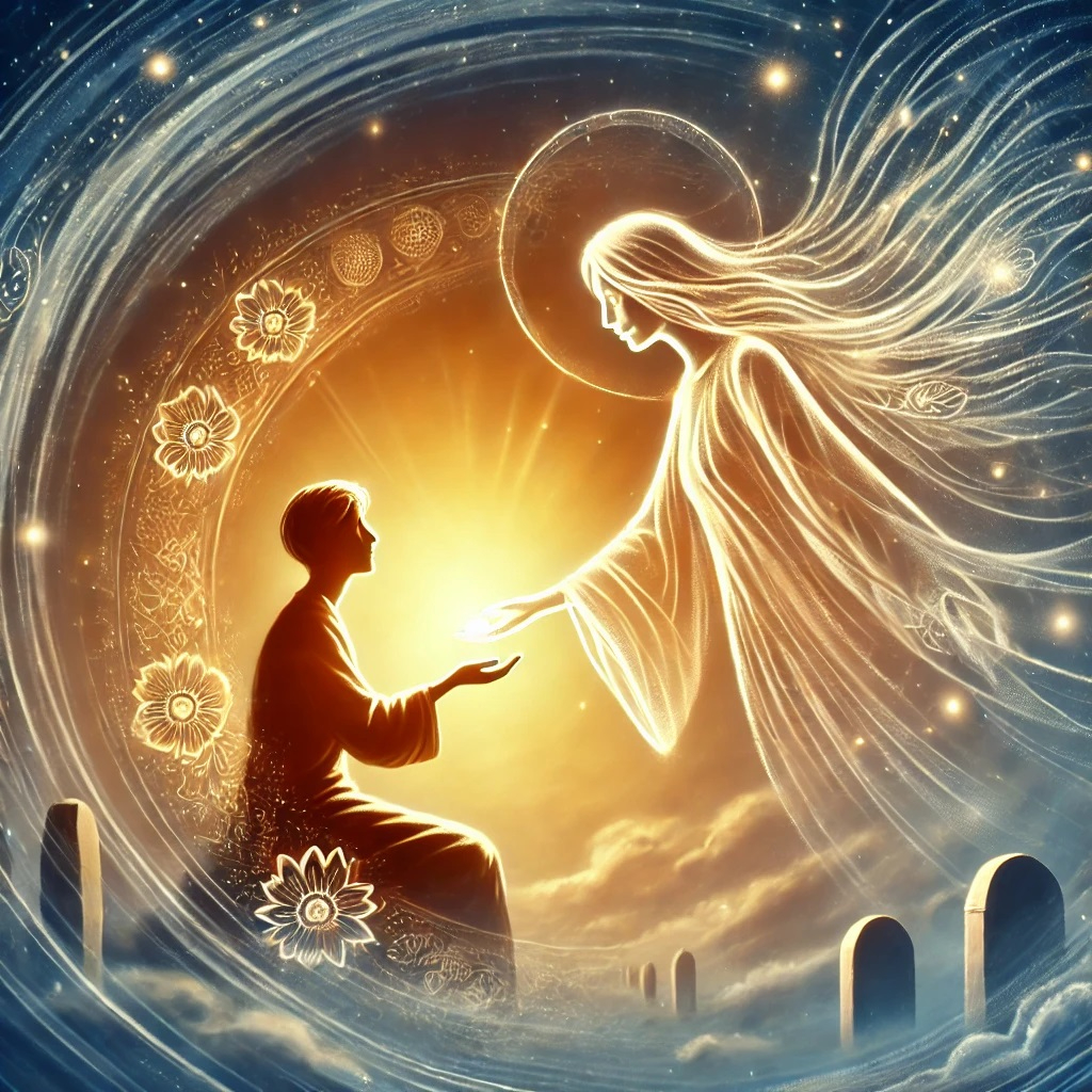 DALL·E 2025-02-16 08.11.22 - A spiritual communication illustration, where a person receives a comforting message from a deceased loved one, shown as a gentle light or a transpare.jpg